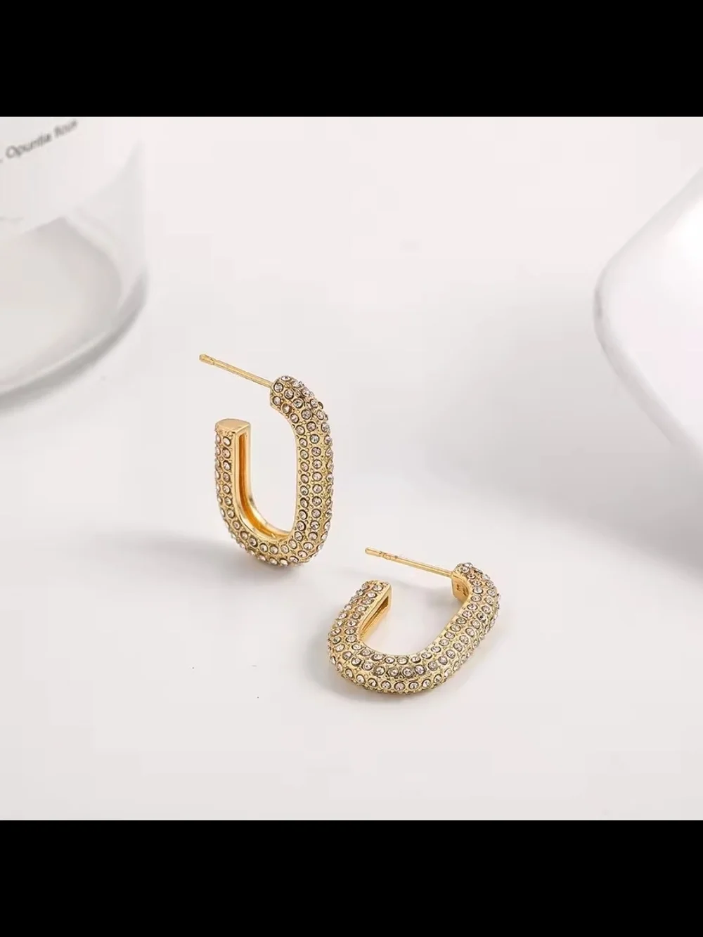Gold Crystal Pave U-Shaped Hoop Earrings - Women Jewelry - Picture 2 of 3